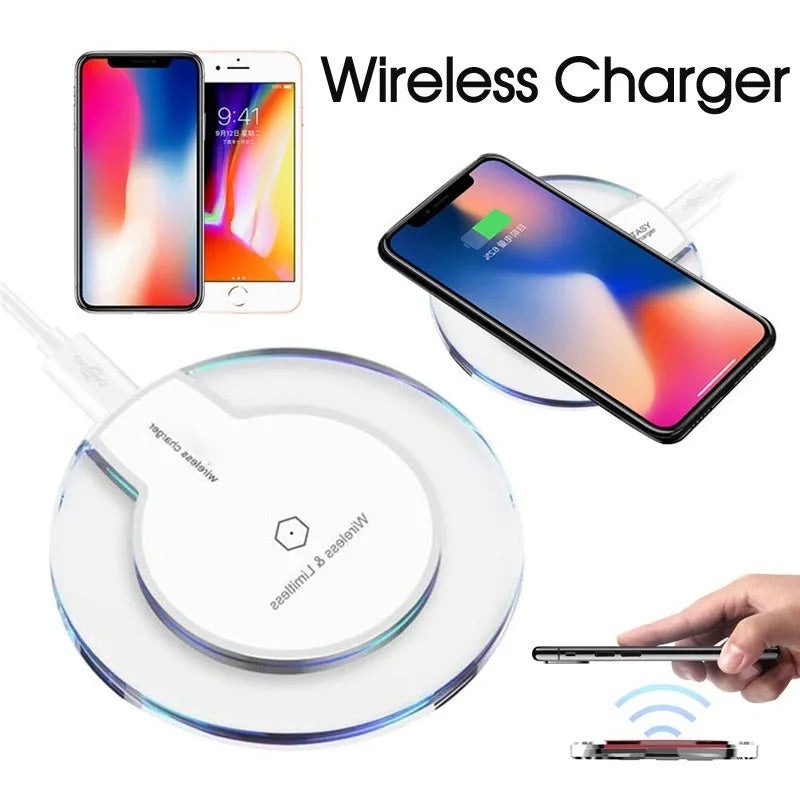 Round black QI wireless charging pad with USB cable for Samsung and iPhone phones