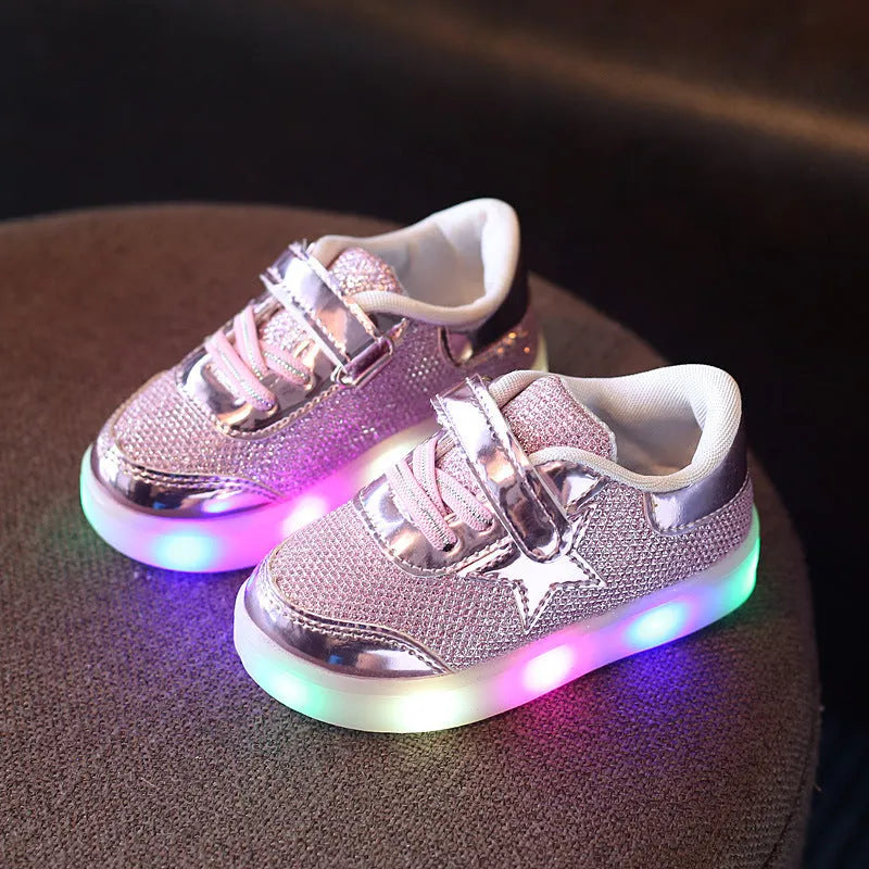 Children's LED light-up shoes with magic button in golden, pink or silvery colours, sizes 21-30cm