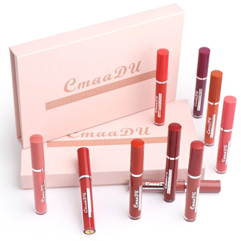 Set of 10 women's matte lipsticks in assorted colours with waterproof and non-stick cup features.