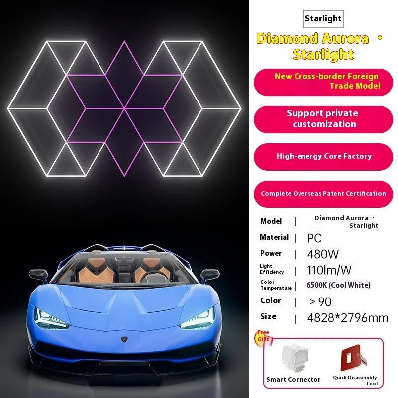 Honeycomb car beauty LED station light 480W with PC shell, 2.4x4.8m size, Diamond Aurora options