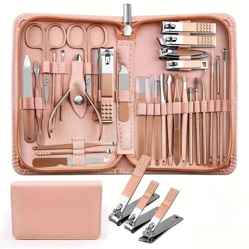 30-piece stainless steel nail tool set displayed with cuticle pusher, nail clipper and foot file