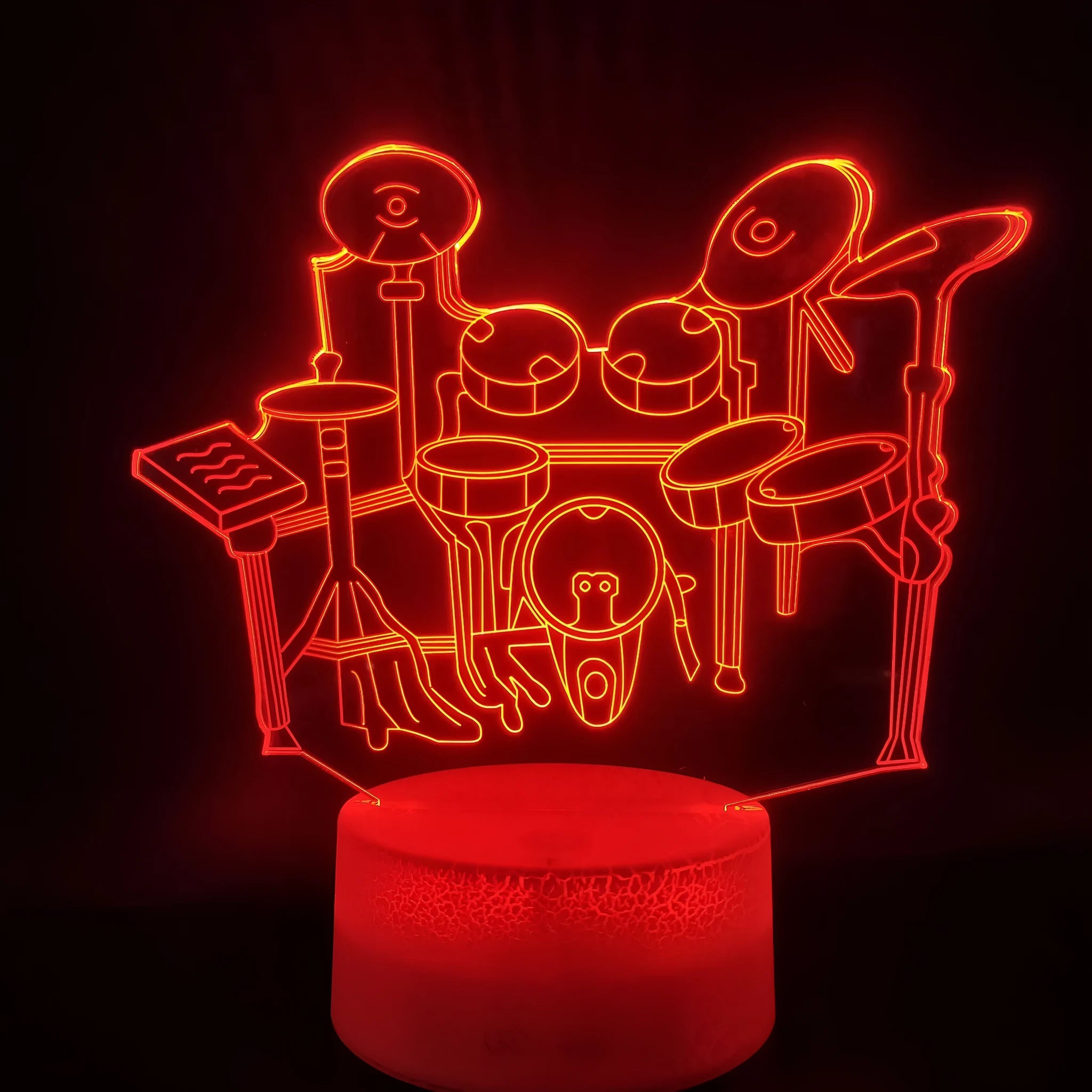 Drum kit 3D night light showing seven colour modes with acrylic panel and ABS base