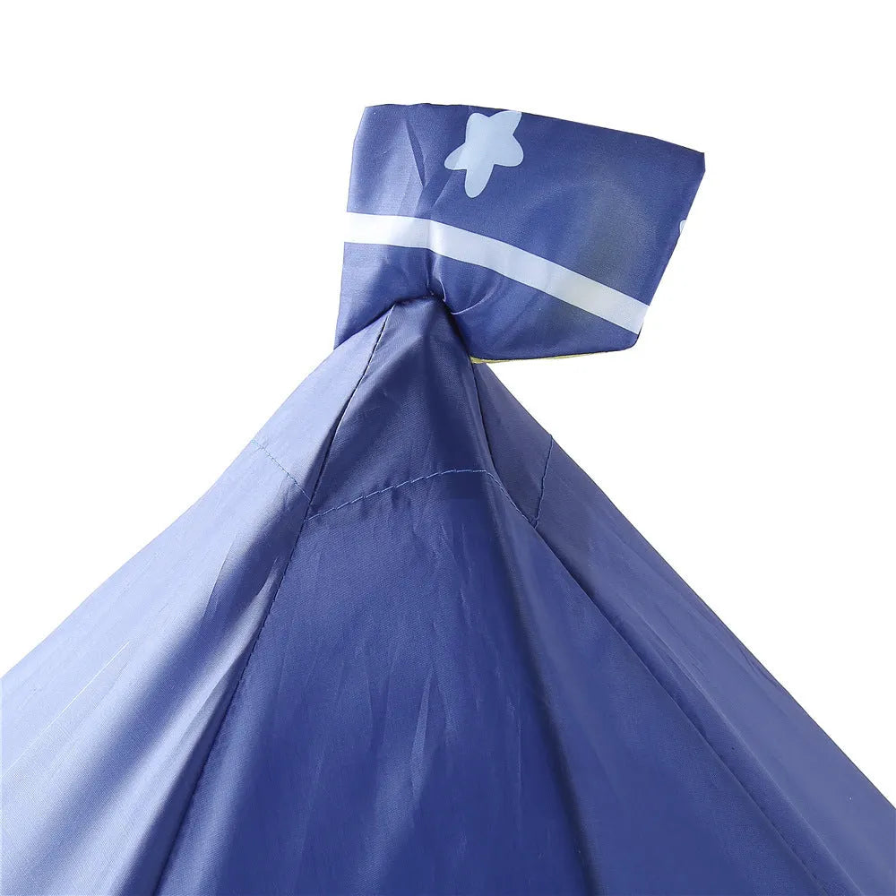 Kids foldable castle play tent in blue with sturdy poles and open front, ideal for indoor outdoor use