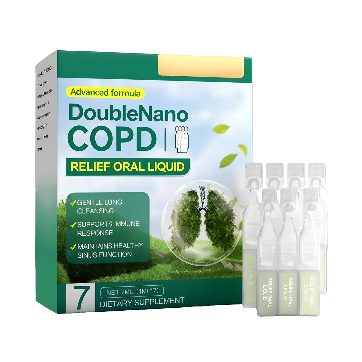 Lung Care Drops 7ml pack with seven 1ml Nursing Drops vials and listed liquid ingredients
