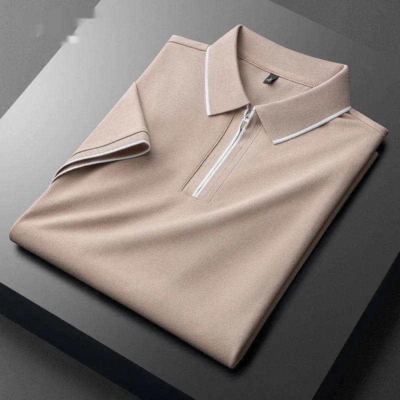 Men's slim fit lapel short sleeve shirt in cotton blend fabric on a hanger