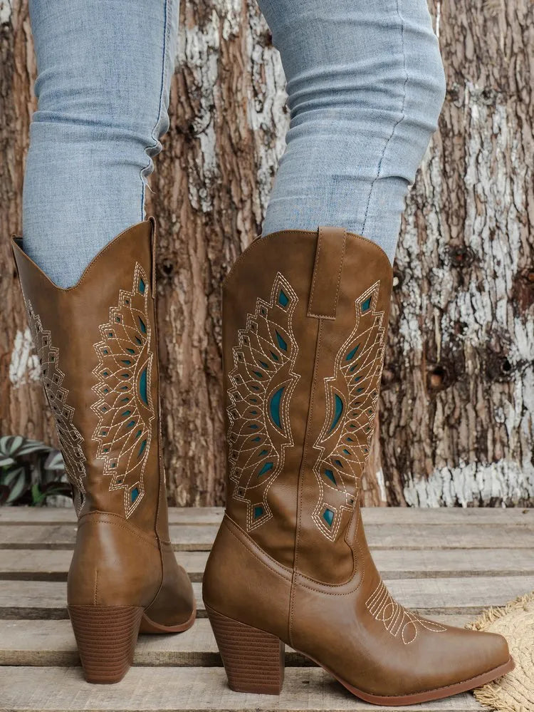 Embroidered square head knight boots for women in camel with mid heel and artificial PU upper