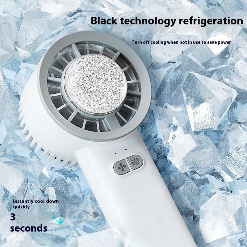 White handheld turbo jet fan with three blades, showing touch controls and compact portable design.