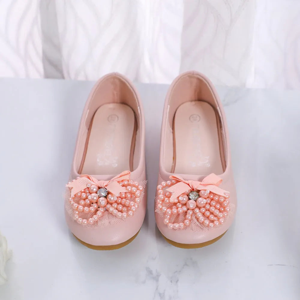 Korean rhinestone princess square mouth shoes for children, PU leather upper, flat heel, beige and pink