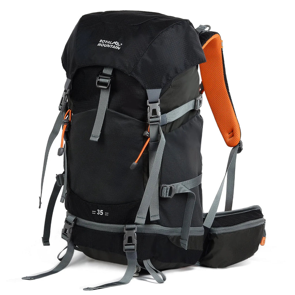 35L nylon hiking backpack in green colour with front zip pocket and compression straps for outdoor use
