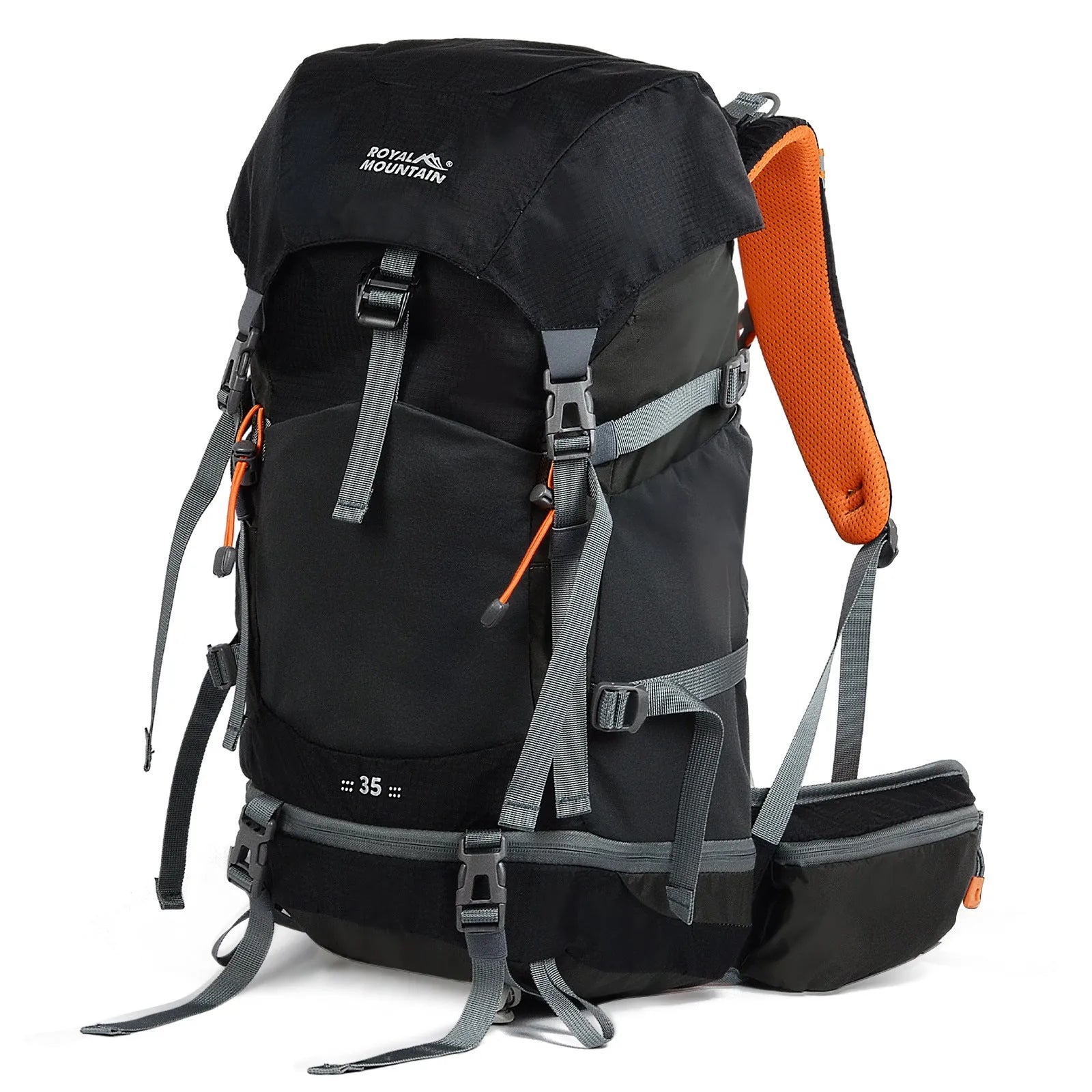 35L nylon hiking backpack in green colour with front zip pocket and compression straps for outdoor use