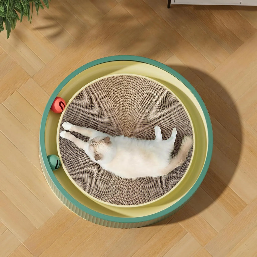 Large green circular cardboard cat scratching board with three built-in ball toys on a white base.