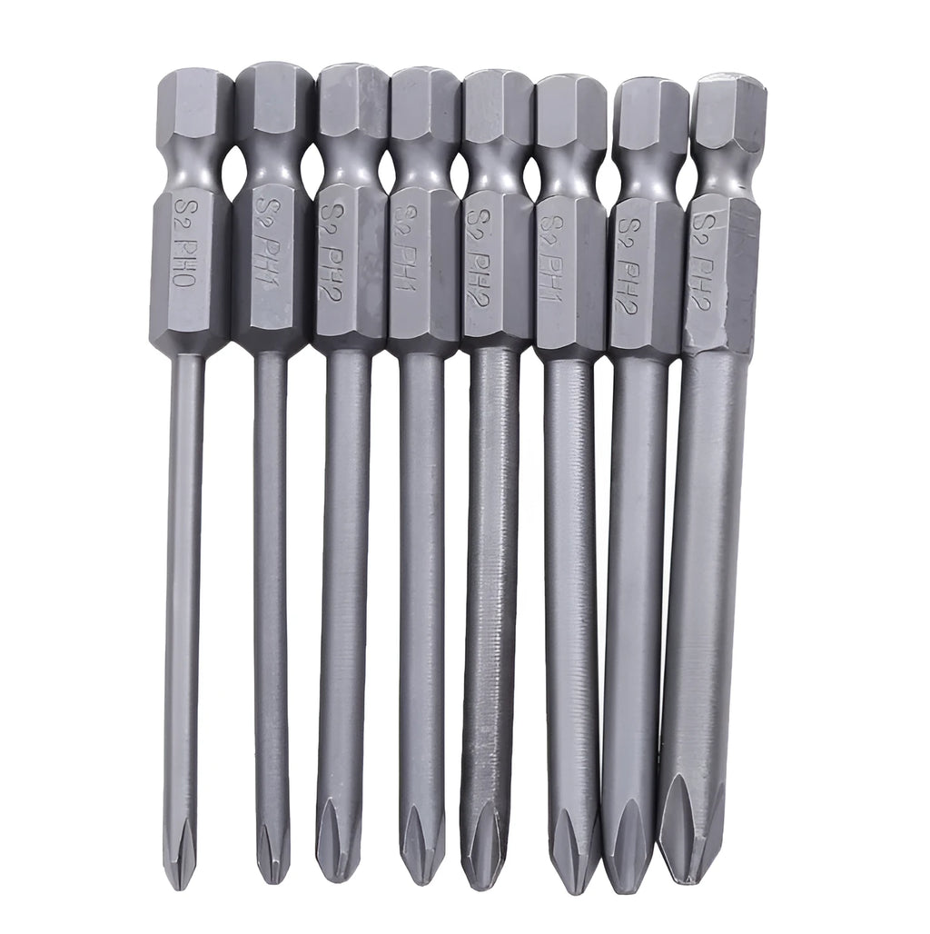 Eight magnetic long Phillips head screwdriver bits with hex shanks on a grey background.