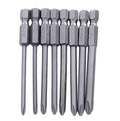 Eight magnetic long Phillips head screwdriver bits with hex shanks on a grey background.