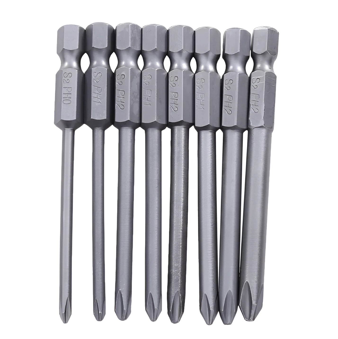 Eight magnetic long Phillips head screwdriver bits with hex shanks on a grey background.