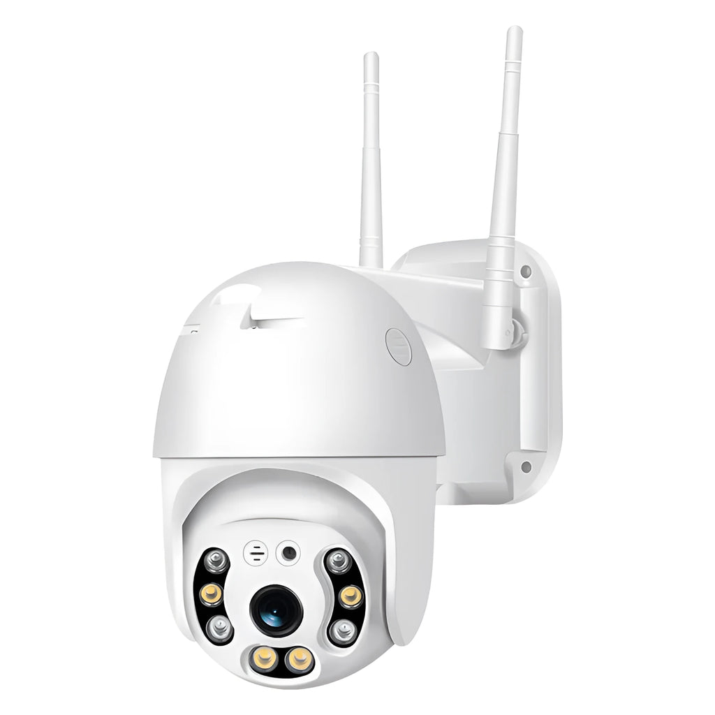 White hemispherical 4G remote monitor camera with 1080P resolution and 3.6mm lens on a light background