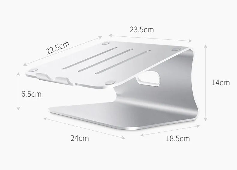 Aluminium laptop cooling bracket with rotary adjustment in silver or grey colour.