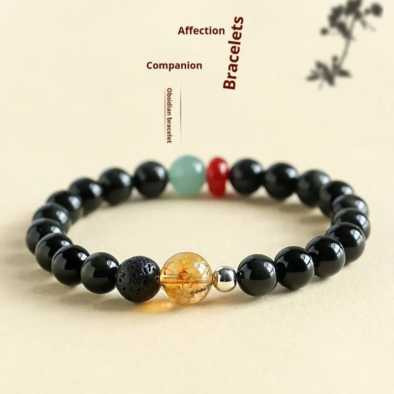 Chinese style obsidian yellow agate jade bracelet showing 8mm and 10mm bead size options.