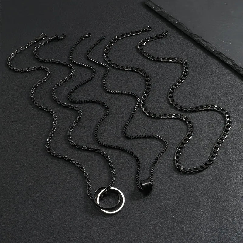 Men's black geometric necklace set with cylindrical titanium steel pendant and ring buckle details