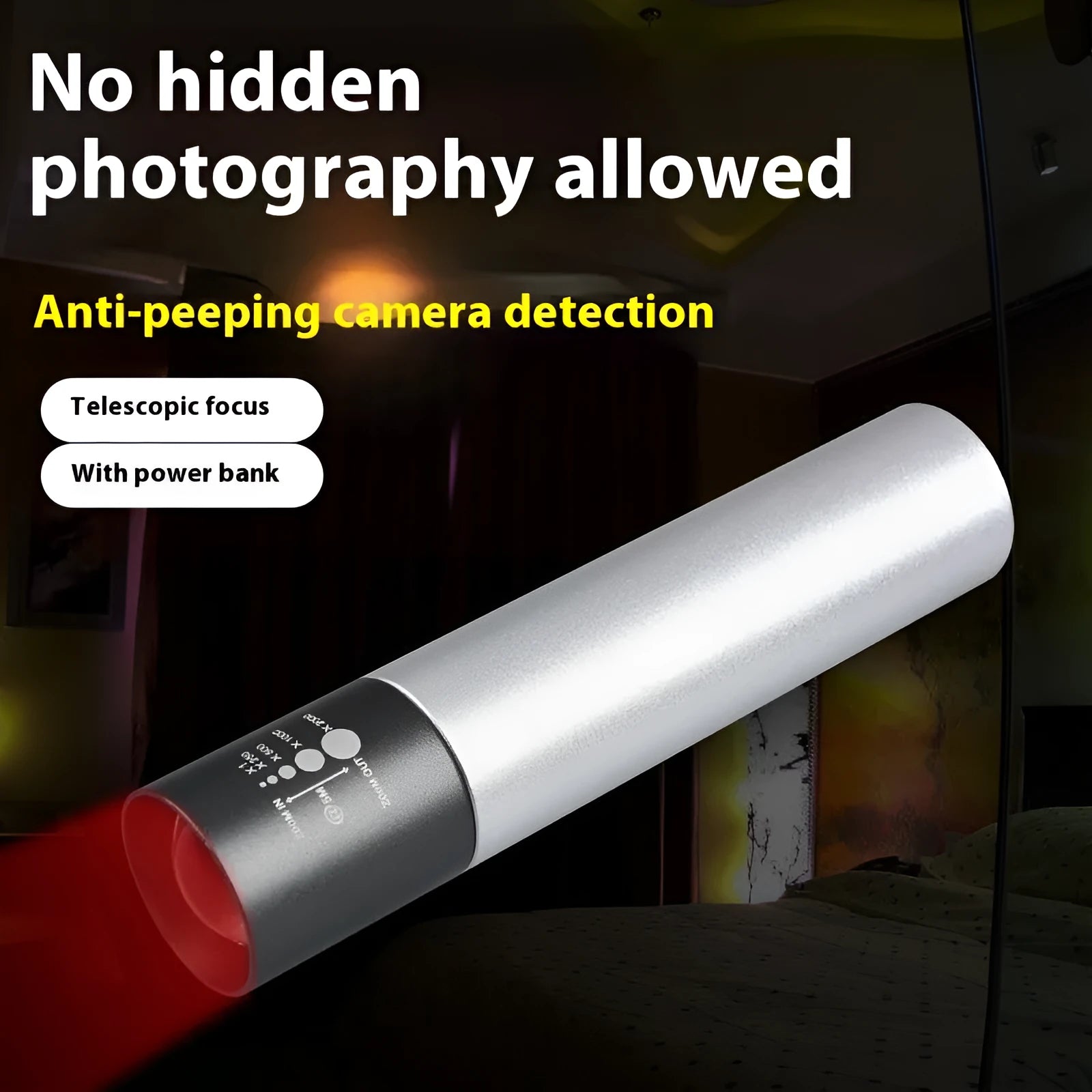Black and silver aluminium red light therapy mosquito repellent lamp with USB charging port.
