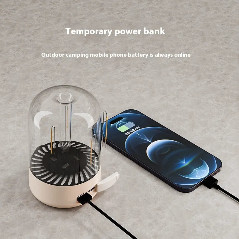 Beige and black USB rechargeable camping lantern with analog brightness knob and tungsten LED lighting