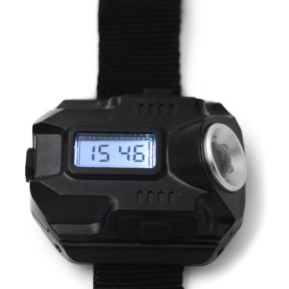 Black LED wrist watch flashlight with USB charging, 4 modes, compass, time display and 22 x 2.4 cm wristband