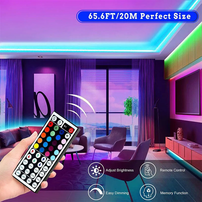 20m RGB LED strip light with 5050 beads, 44-key remote control, and 5A power supply for indoor TV and room decoration