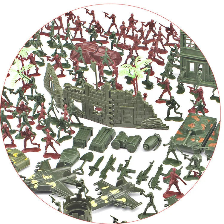 Children's military educational toy set with 240 plastic soldiers, tanks, and battlefield accessories