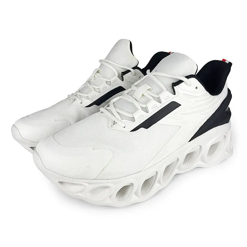 Breathable mesh men's casual sports shoes in black with white laces and a low-top EVA sole design.