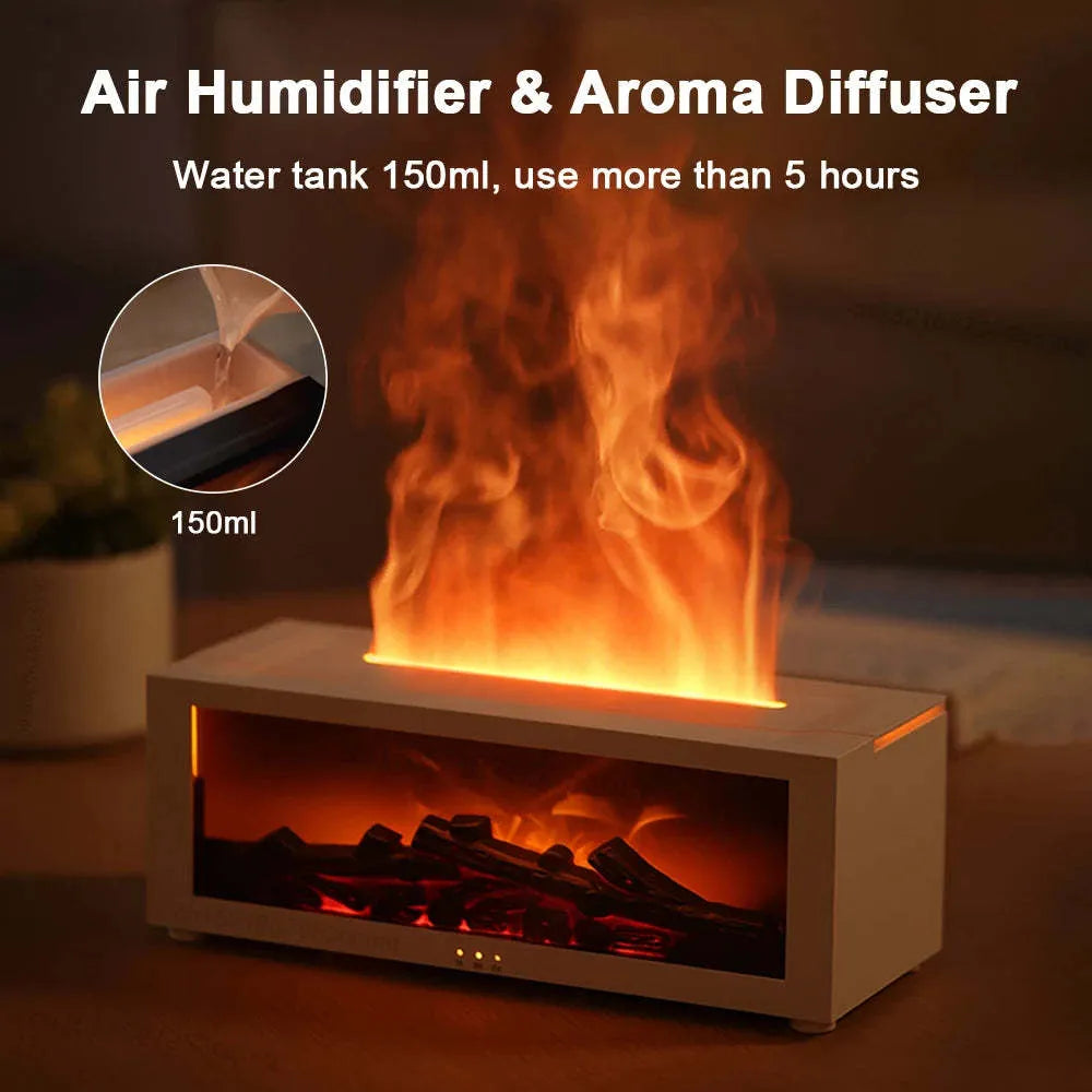 Square flame aromatherapy diffuser with 3D flame effect and colourful base lighting on desktop