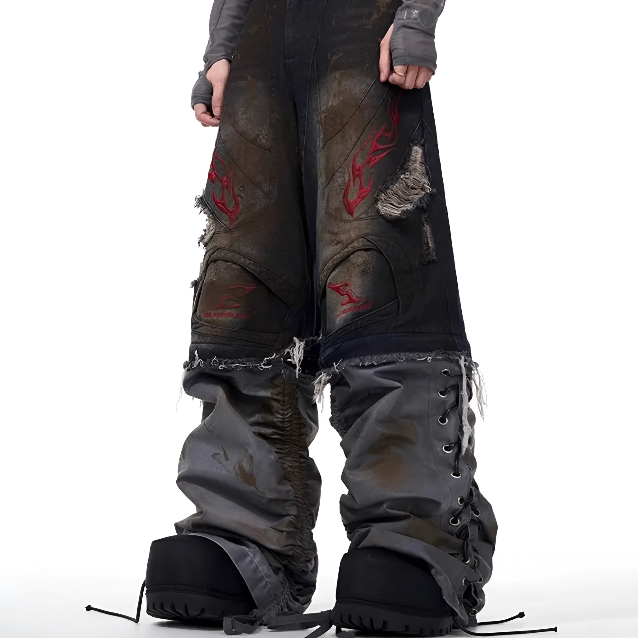 Men's retro denim jeans with detachable trouser legs in a wide-leg, loose fit