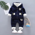 Golden mink plush winter tracksuit set with cartoon animal pattern for children, available in navy blue