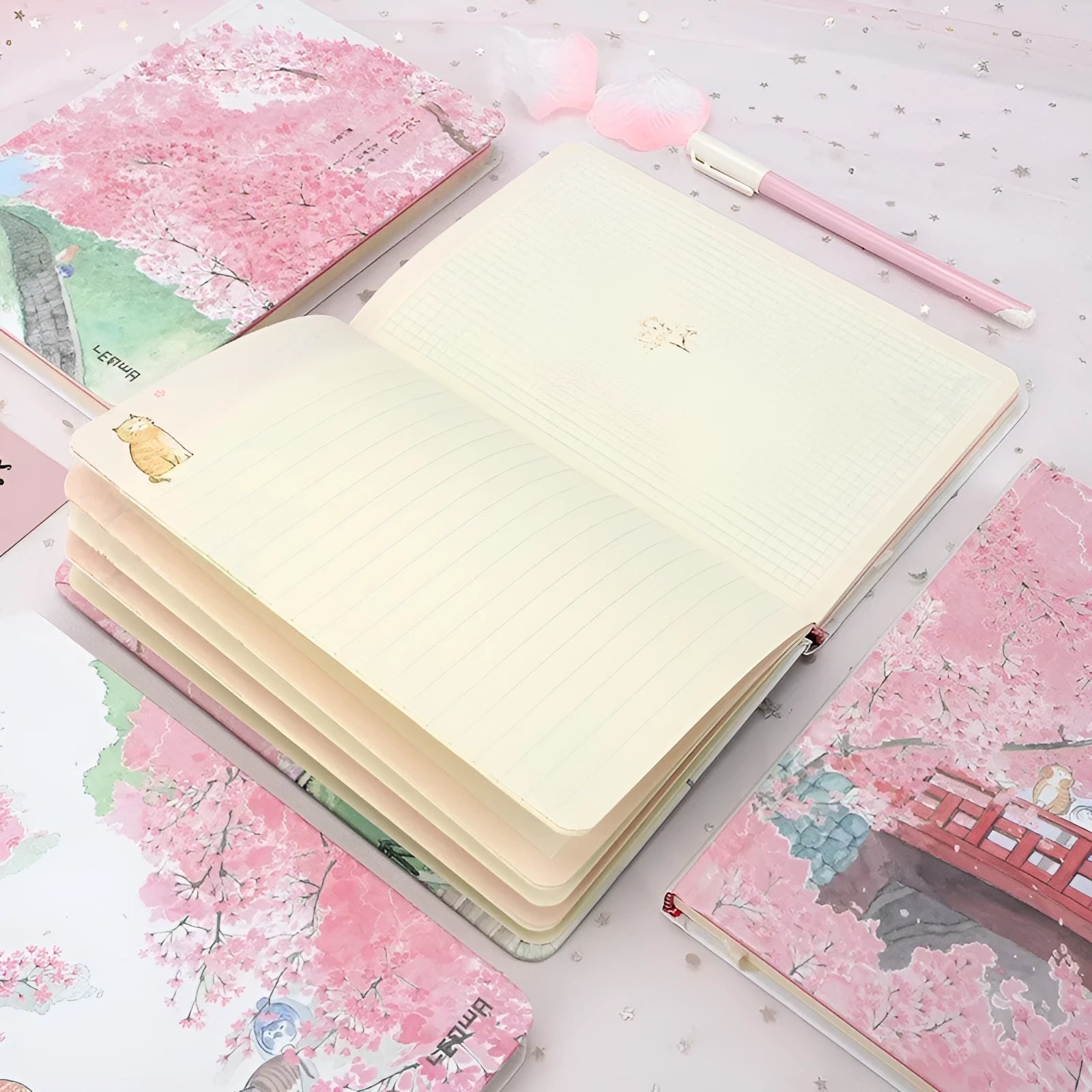 Notebook with paper cover and thread binding, 240 blank pages, 14cm x 21cm, shown open with smooth writing possible
