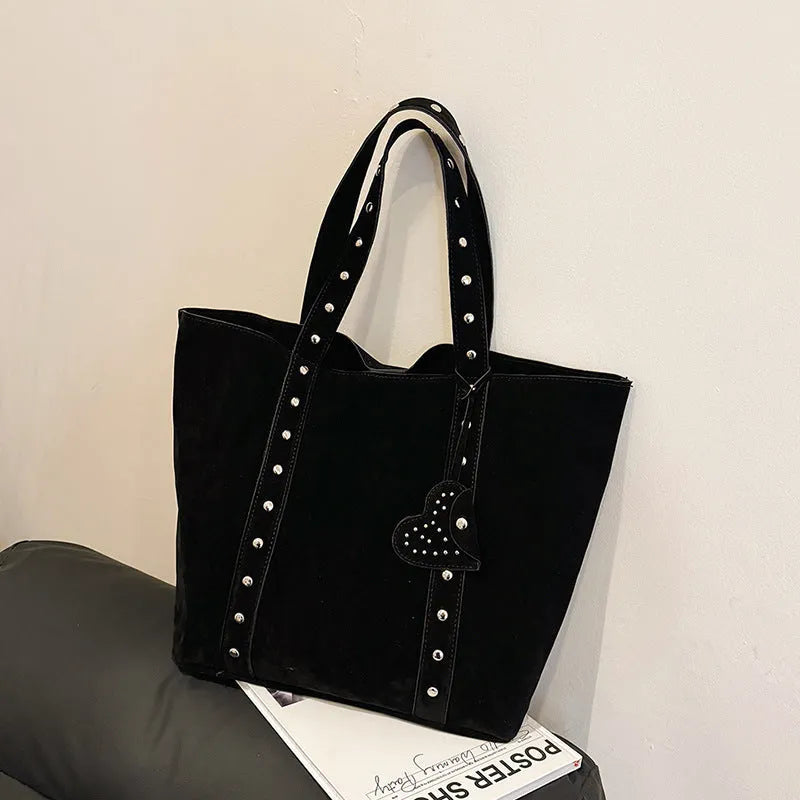 PU leather tote bag with double shoulder straps in horizontal square design with sandwich pockets