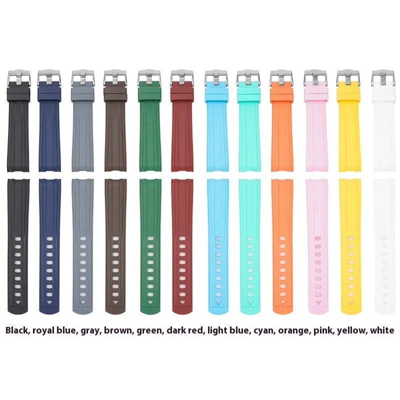 Silver metal buckle watch strap in multiple colours showing 20mm and 22mm width options