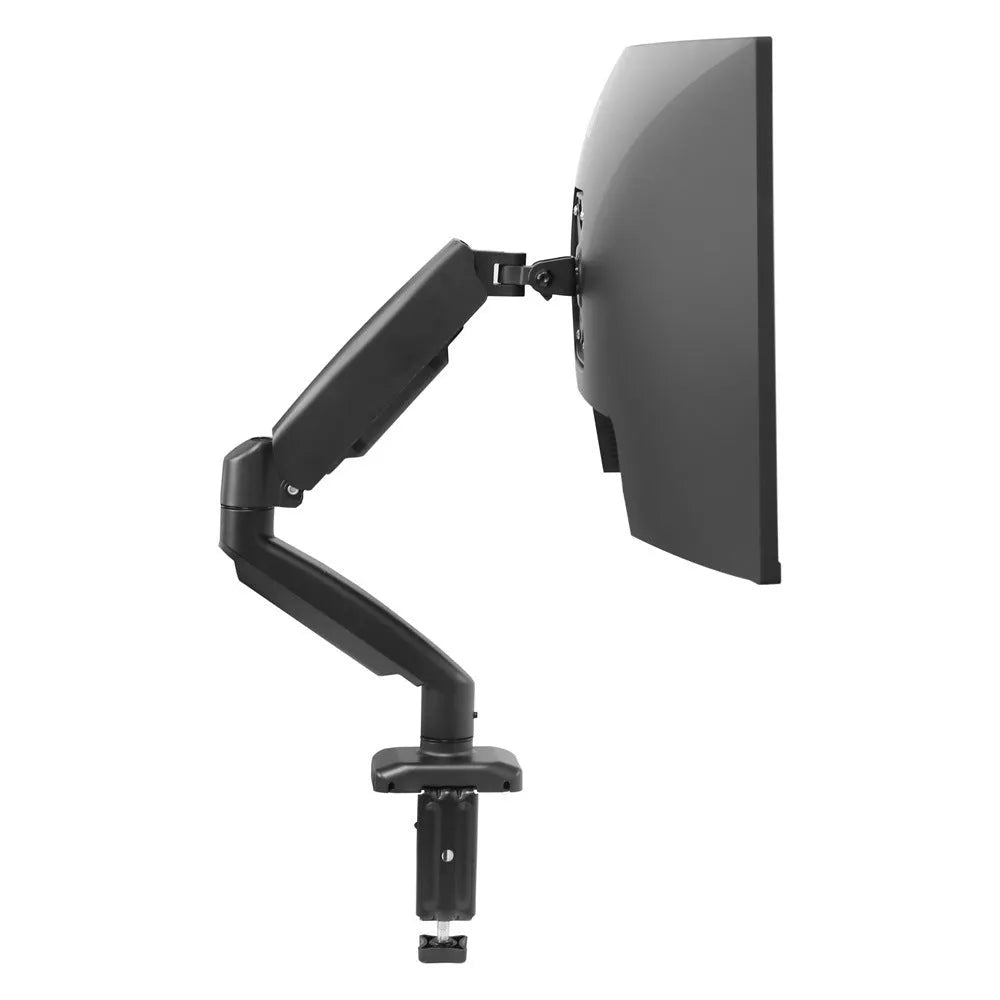 Black metal LCD screen rotating telescopic bracket elevated on desktop with adjustable angle