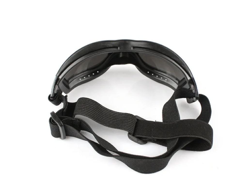 Black dog goggles with PC lens and PVC frame, one size for large dogs, waterproof and windproof.