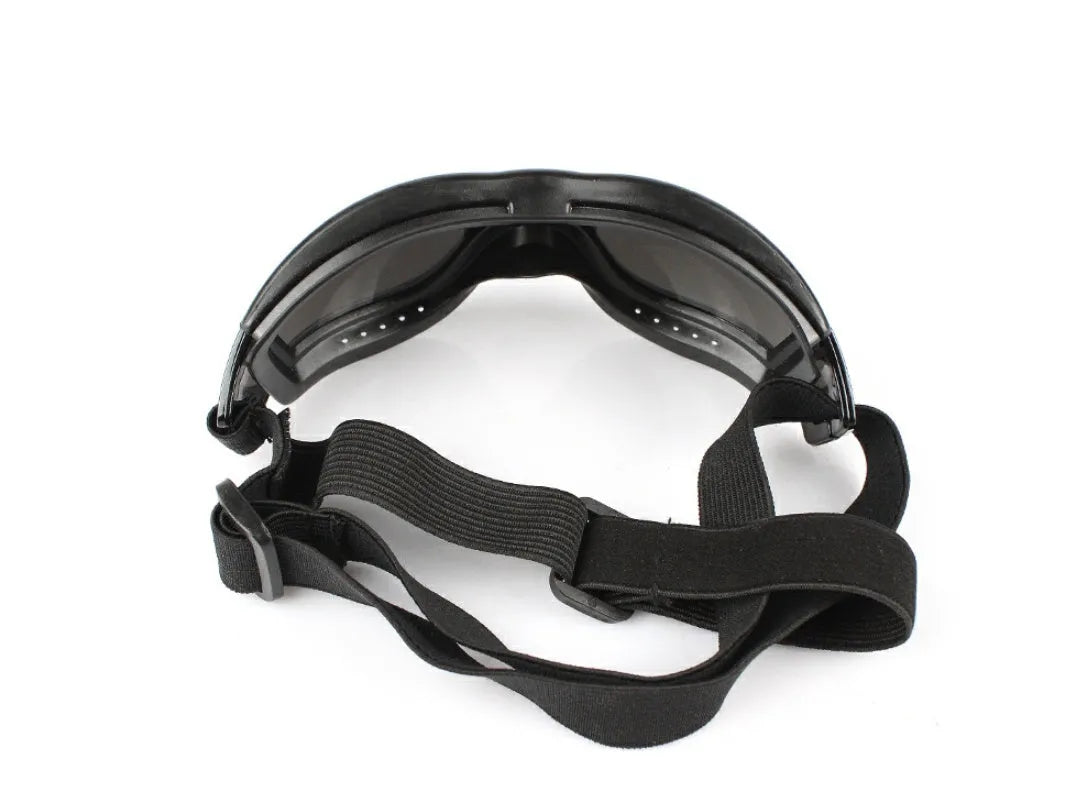 Black dog goggles with PC lens and PVC frame, one size for large dogs, waterproof and windproof.