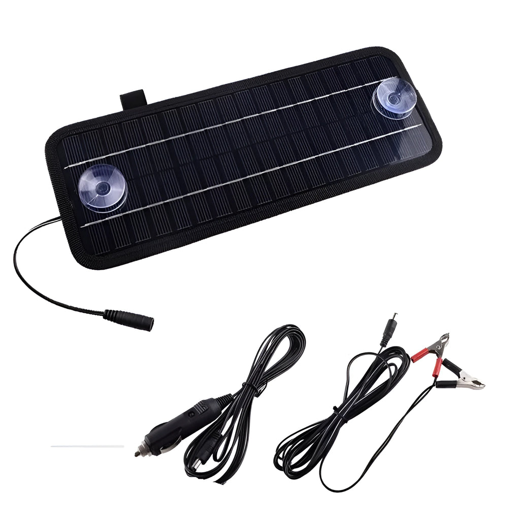 5W portable solar car battery trickle charger with monocrystalline panel and two elastic straps for sun visor, 320x120mm