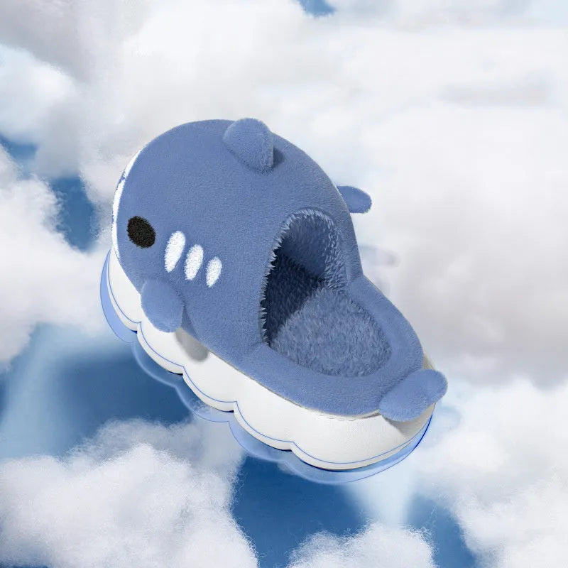 Shark slippers with suede upper embroidery design anti-skid sole winter house shoes grey