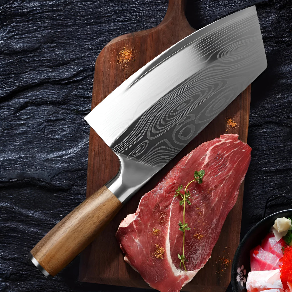 320mm long stainless steel kitchen knife with a sharp blade on a kitchen counter.