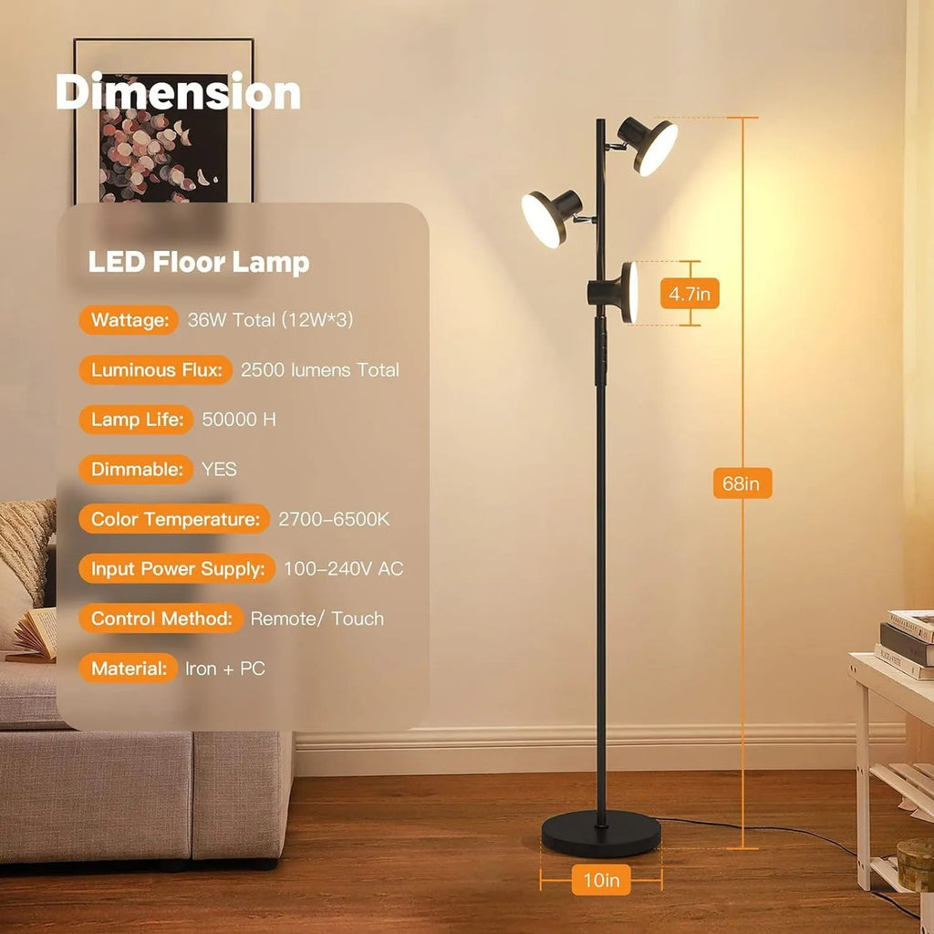 Adjustable metal floor lamp with remote control, 170cm tall, black finish, in a living room setting