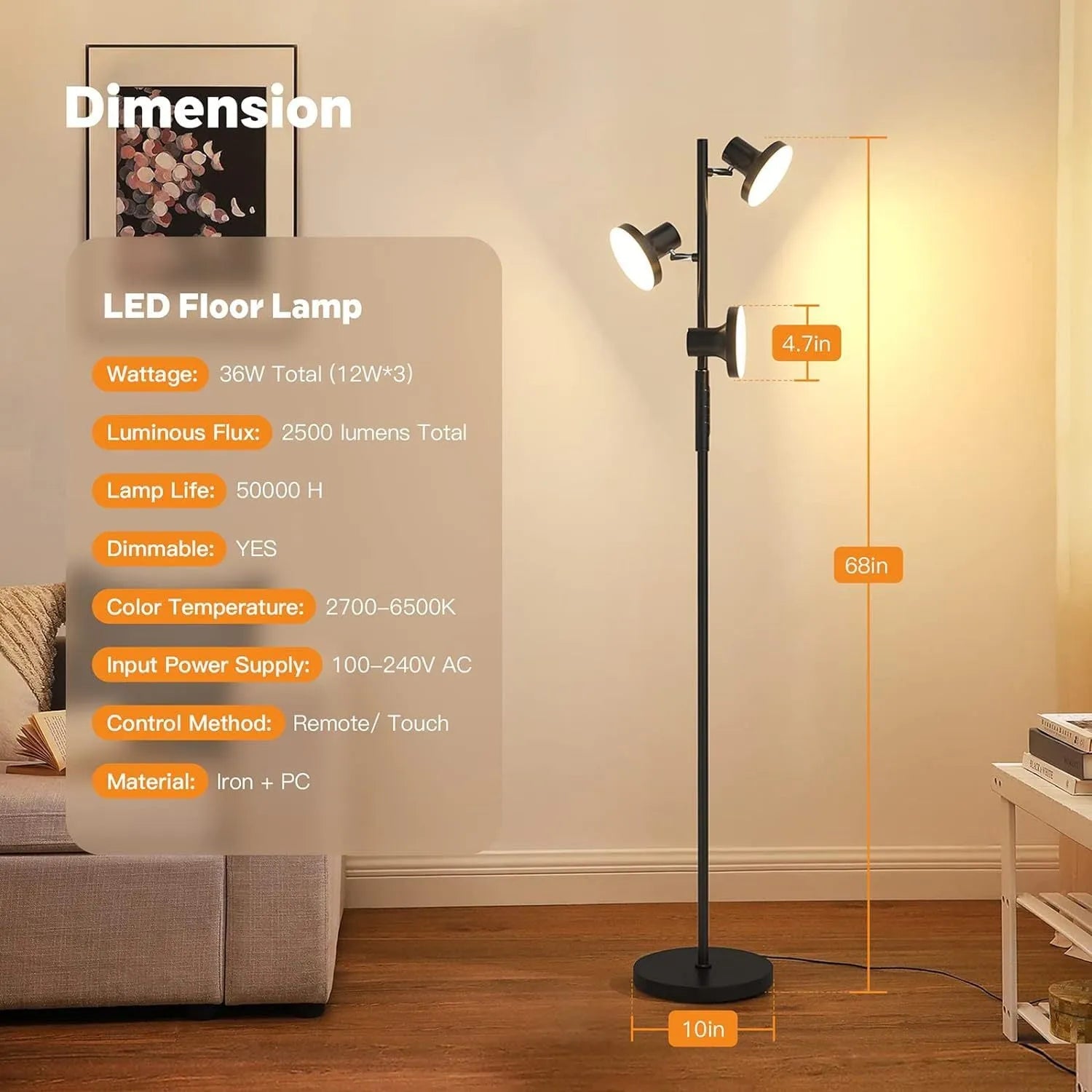 Adjustable metal floor lamp with remote control, 170cm tall, black finish, in a living room setting