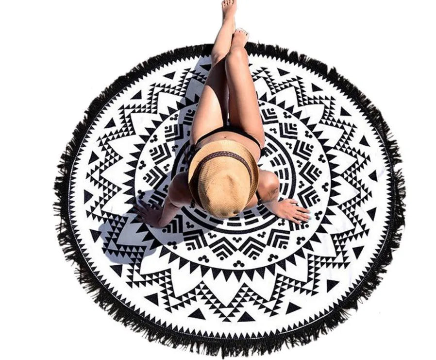 Round printed tassel beach mat in colour combination pattern, 150-155cm diameter, polyester fabric, fringed edge