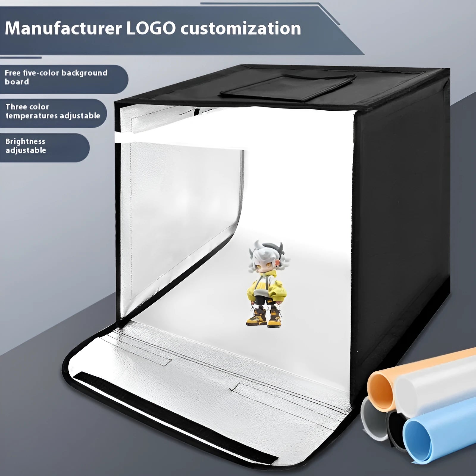 50cm foldable studio light box with LED lights and reflective interior for product photography.