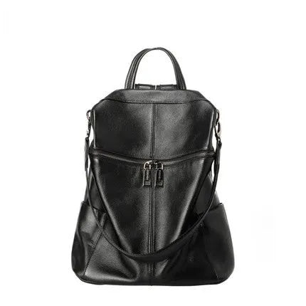 Genuine leather women's retro backpack showing organisation compartments and waterproof construction