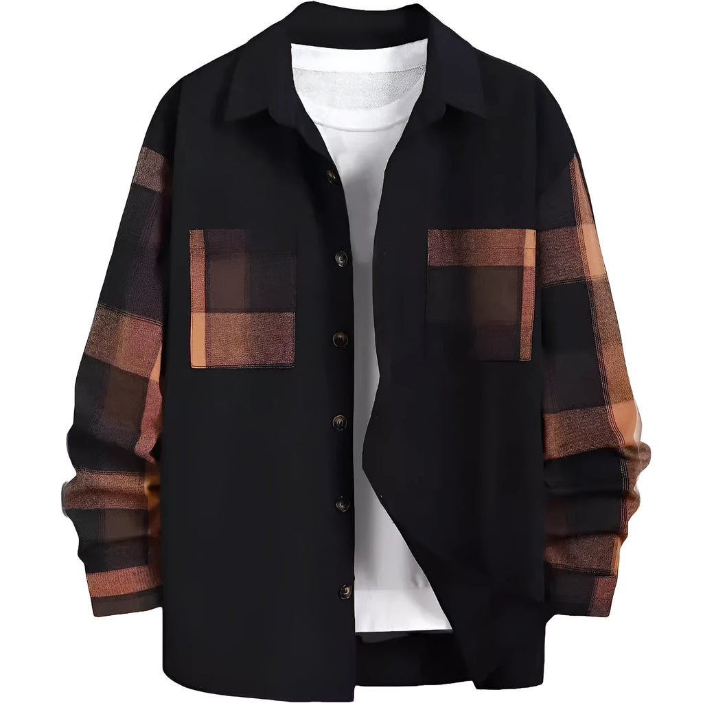 Men's cotton plaid long sleeve shirt in orange or green, loose cardigan style, sizes S to XXXXL