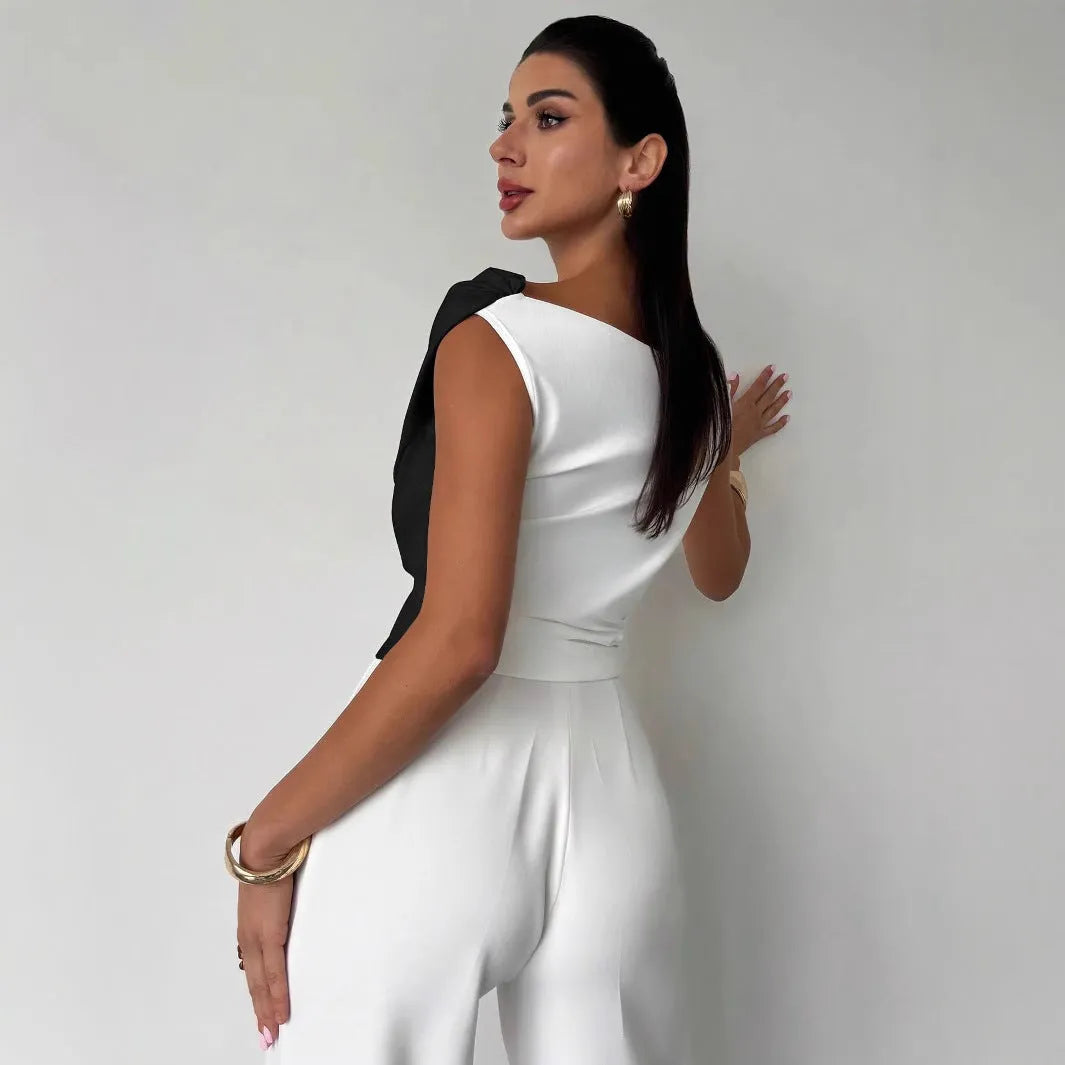 Colour-blocked asymmetric shoulder ruffled hem slim-fit polyester top for women in black with white panels
