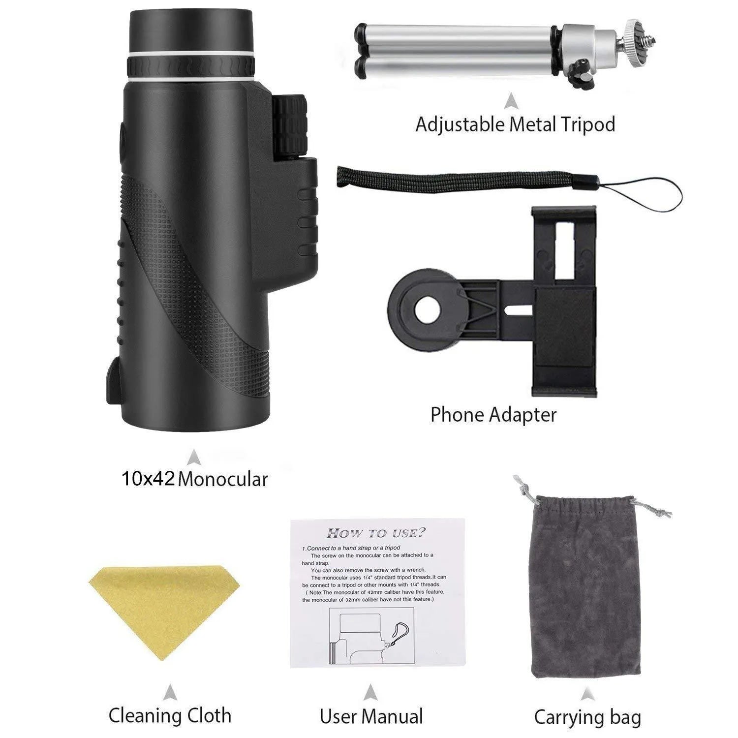 Black 40x60 monocular telescope with compact 144mm design for outdoor observation