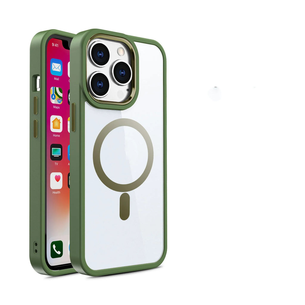 Transparent magnetic silicone phone case for iPhone on a table, showing the solid colour accent and integrated ring.