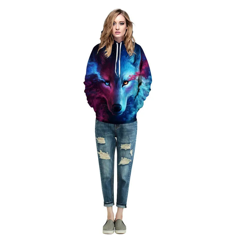 Men and women wearing a galaxy wolf print sweatshirt, long sleeve unisex pullover in black with starry space design